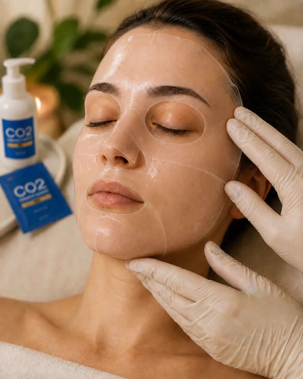 Aplicarea unei măști faciale cu gel în cadrul unui protocol de carboxiterapie cosmetică