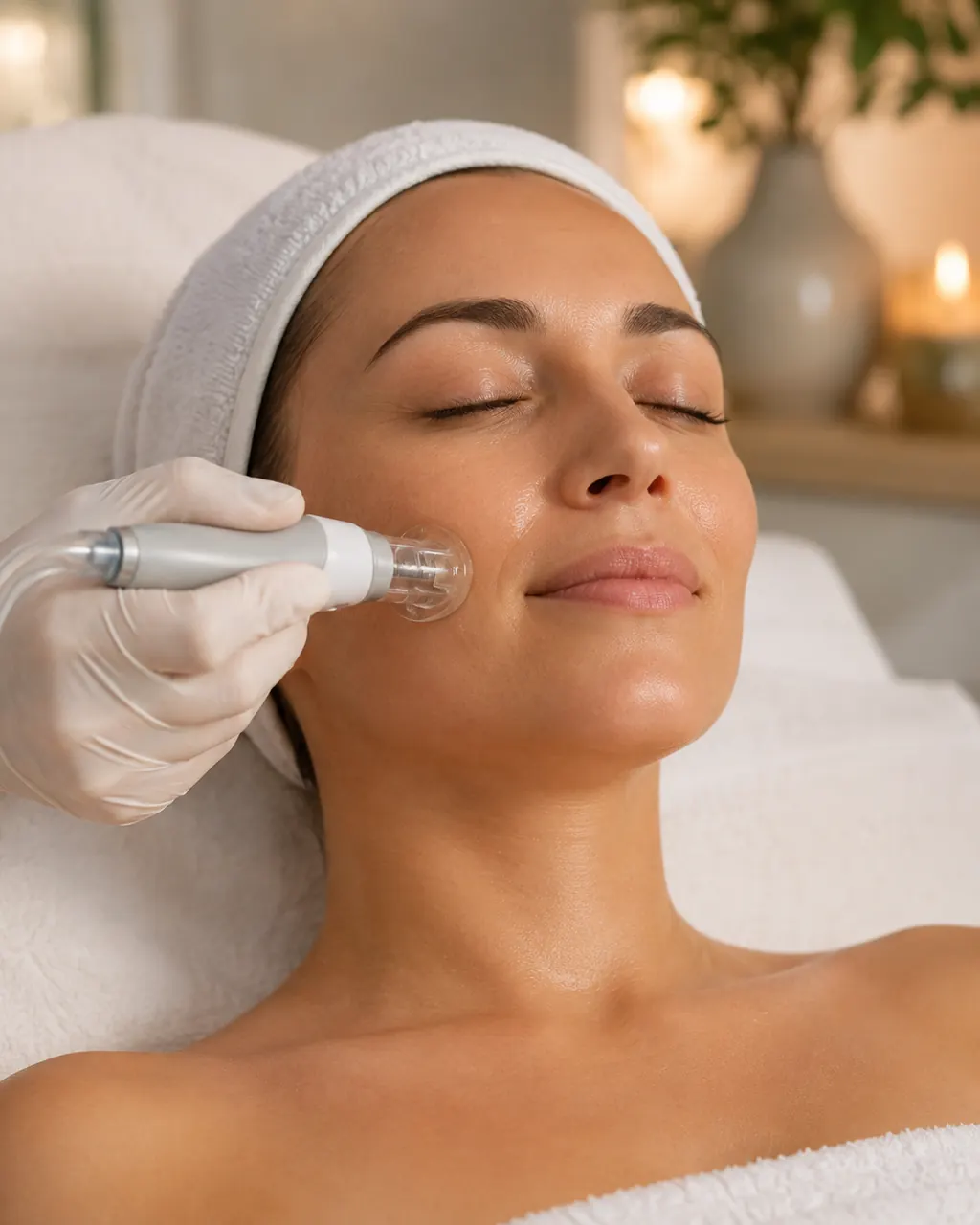 Aplicator de hidrodermabraziune folosit pe obraz în timpul unui tratament Hydrafacial