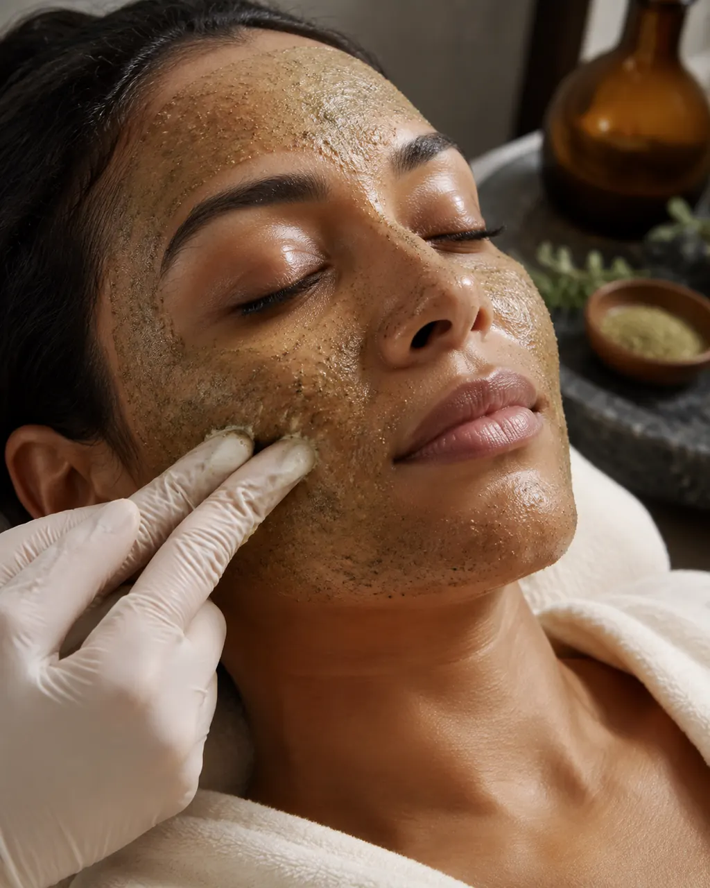 Aplicarea manuală a unui produs exfoliant în timpul unui tratament facial phytopeeling