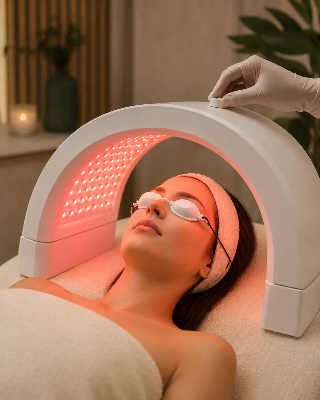 Ședință cosmetică de terapie facială cu lumină LED roșie și protecție pentru ochi