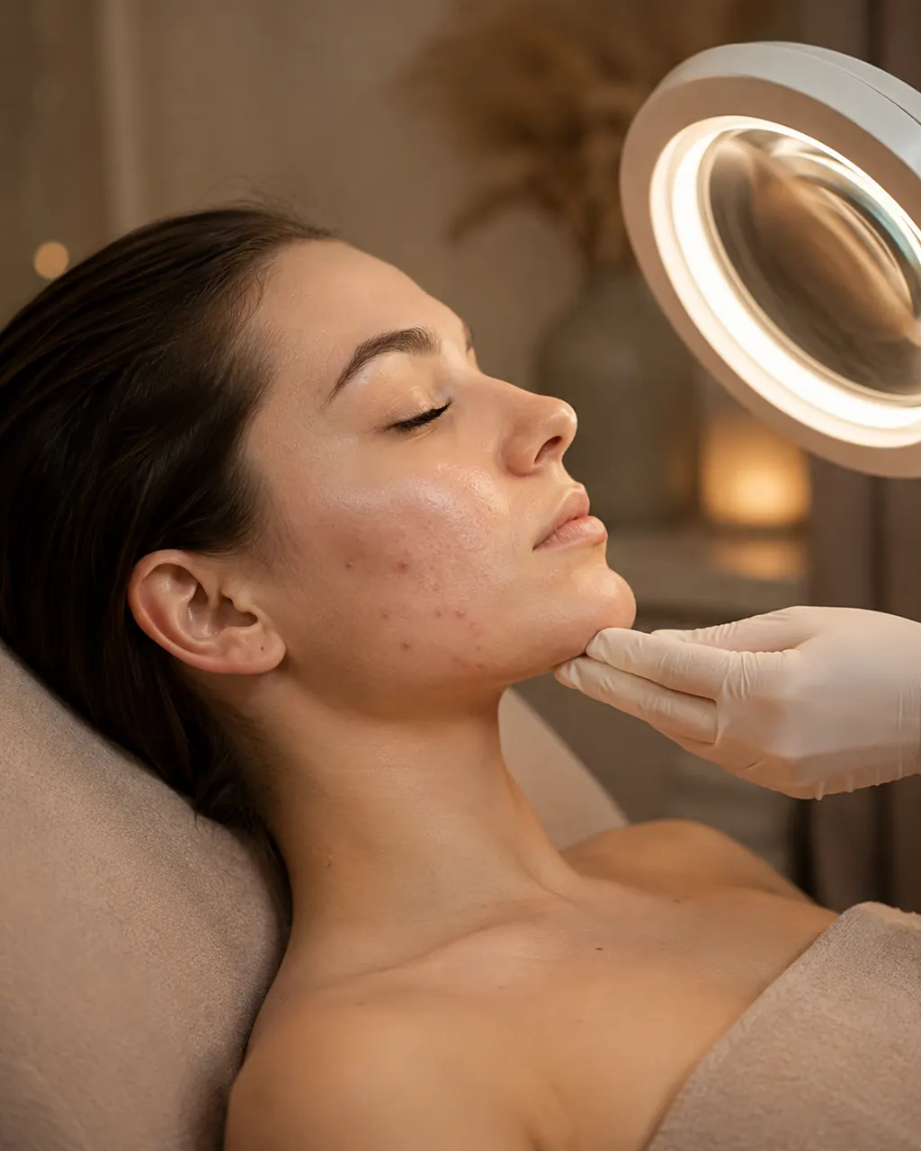 Evaluarea cosmetică a unui ten cu tendință acneică sub o lampă cu lupă