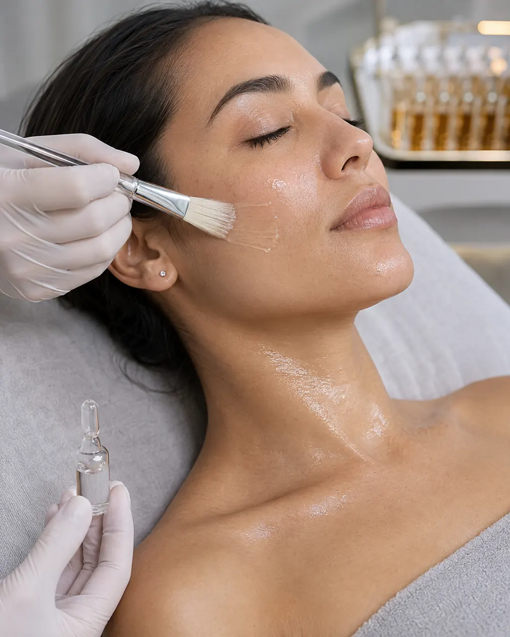 Aplicarea unui ser cu pensula pe față și gât în cadrul unui tratament facial cu exozomi